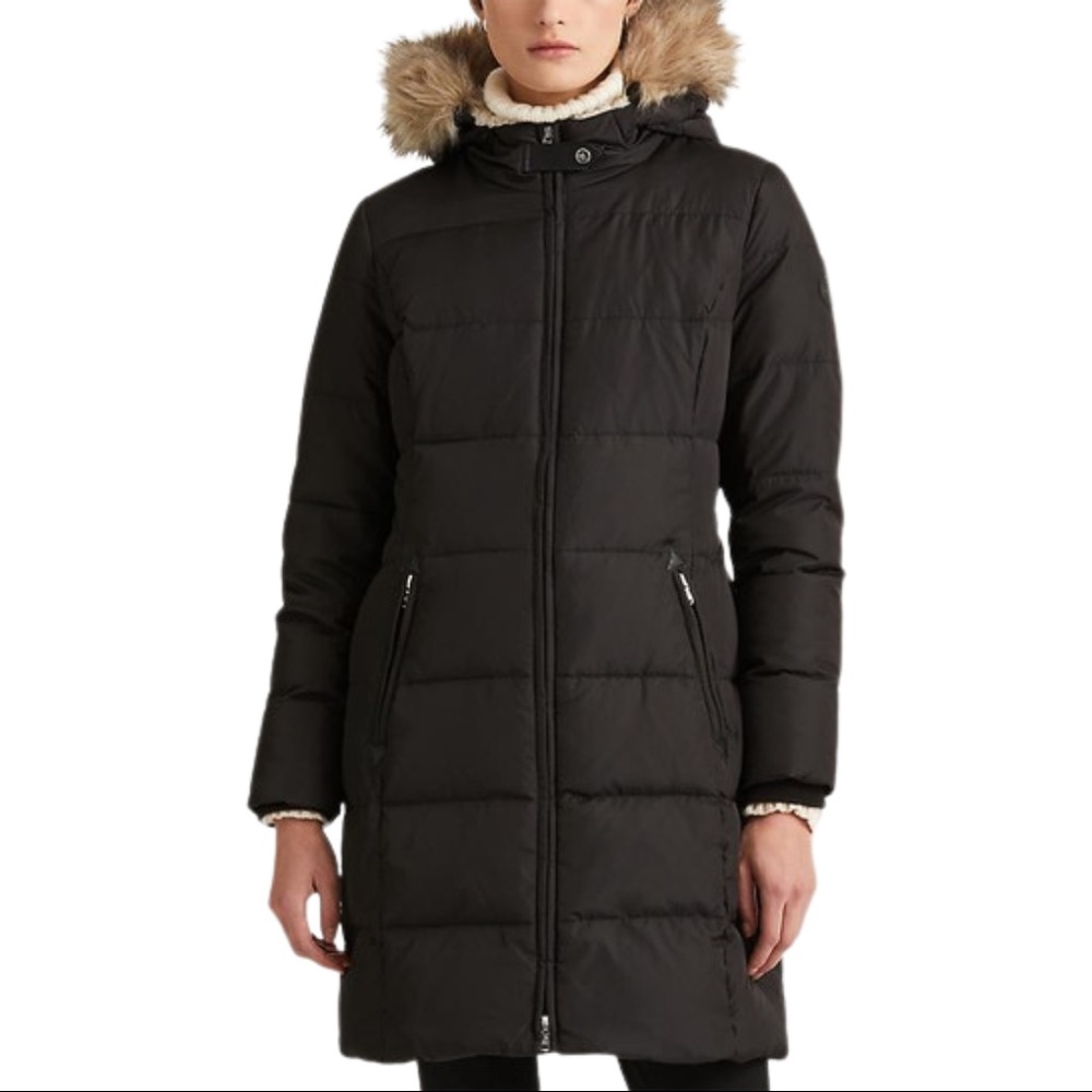 NWT Lauren Ralph Lauren Down Quilted Jacket / parka in Black w/ Faux Fur hood